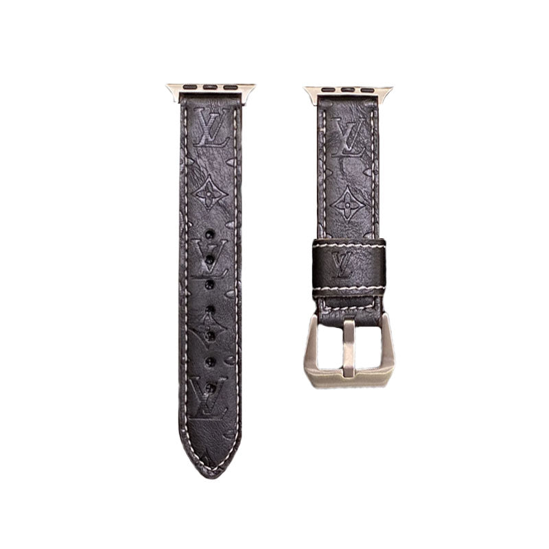 Leather Monogram Apple Watch Band Black-YH24422