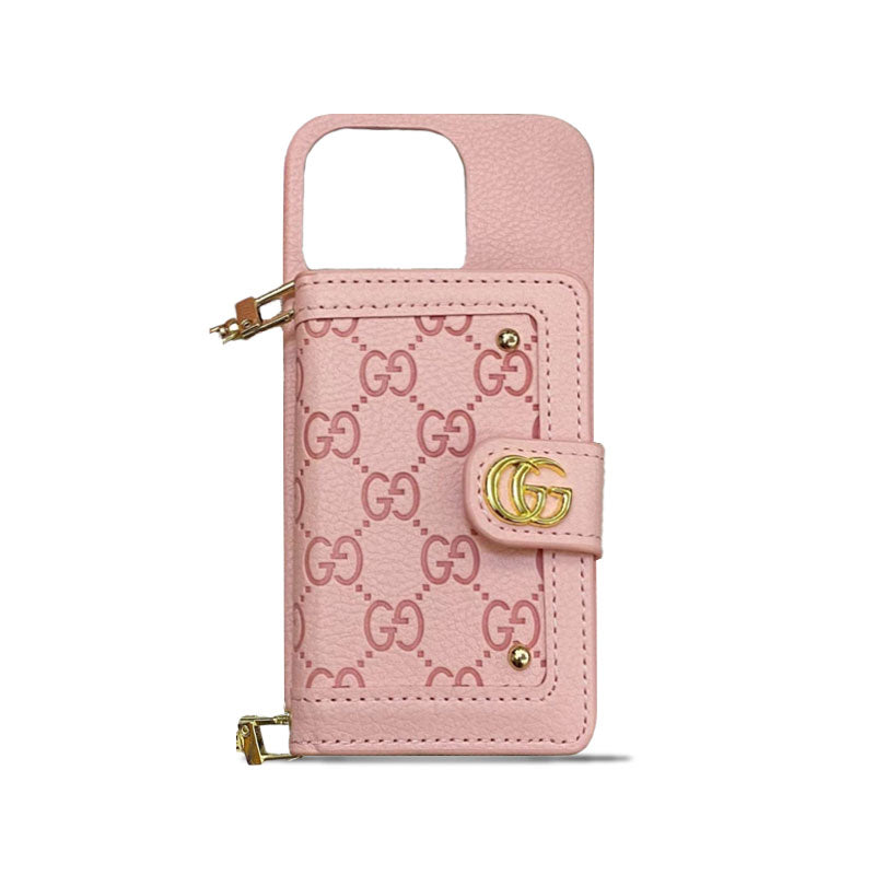 GG iPhone Case With Wallet And Strap Pink -ZY241720