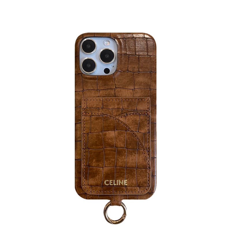 Alligator Print Celine iPhone Case With Card Holder And Strap Brown  -EYP241415