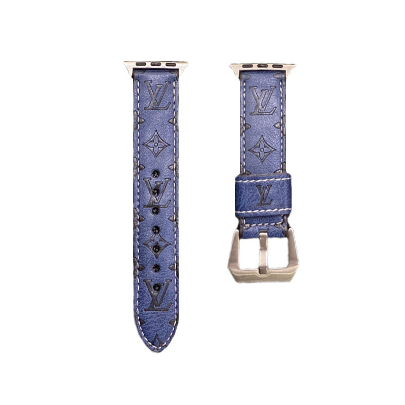 Leather Monogram Apple Watch Band Leather Blue-YH24422