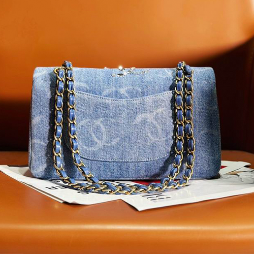 Denim CC Sequined Double Flap Bag