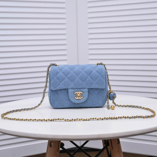 Mini Square Pearl Crush Quilted Denim with Aged Gold Hardware