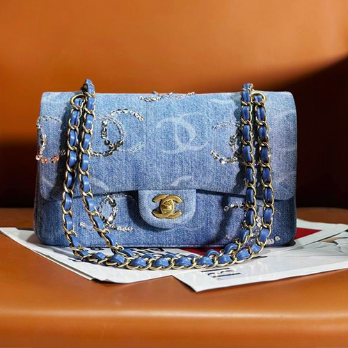 Denim CC Sequined Double Flap Bag