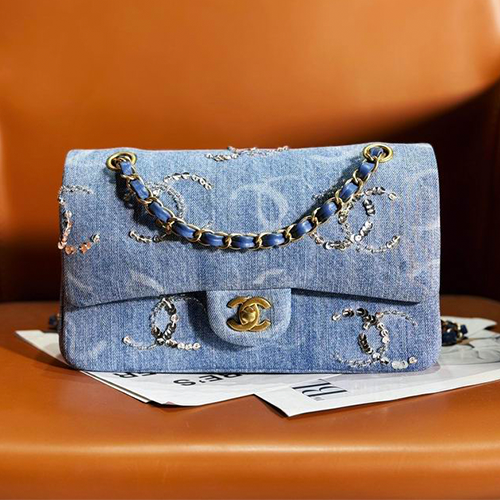 Denim CC Sequined Double Flap Bag