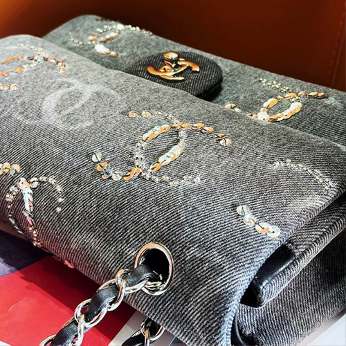 Denim CC Sequined Double Flap Bag