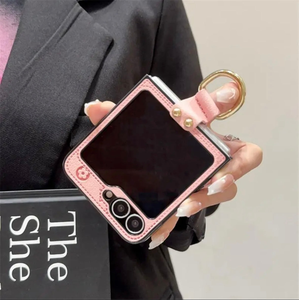 "Samsung Z Flip series leather folding anti-fall mobile phone case, with finger ring buckle design"