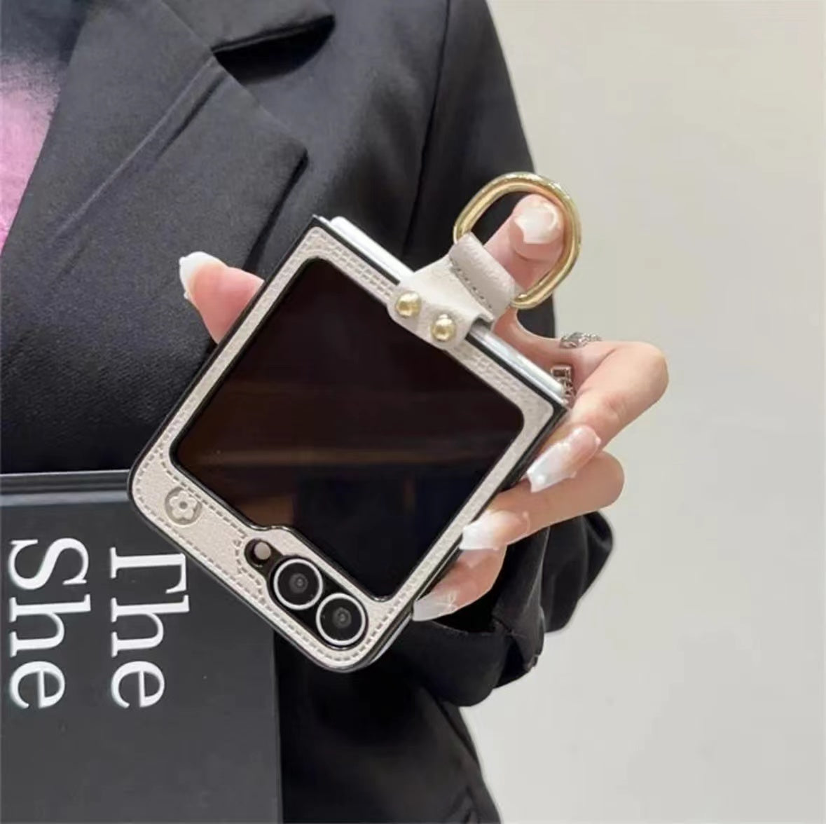 "Samsung Z Flip series leather folding anti-fall mobile phone case, with finger ring buckle design"