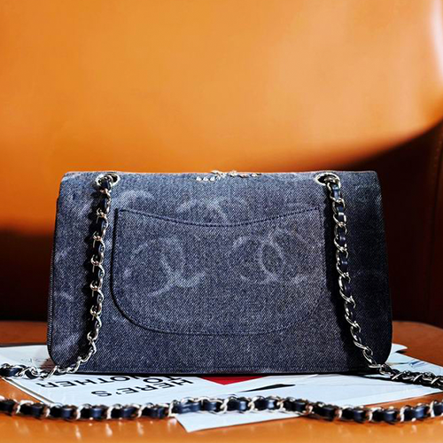 Denim CC Sequined Double Flap Bag