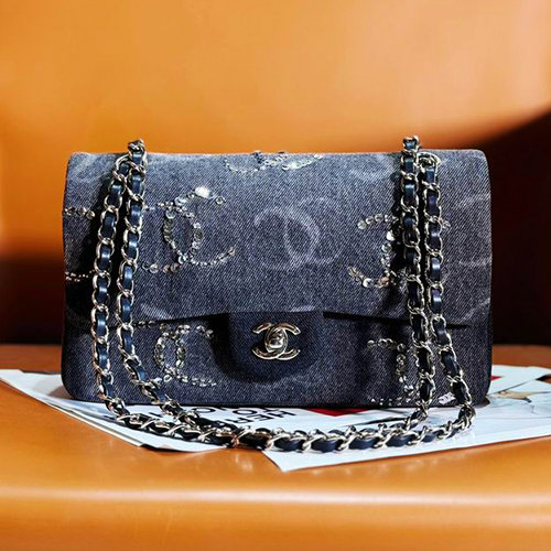 Denim CC Sequined Double Flap Bag