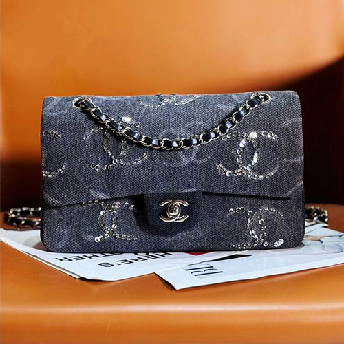 Denim CC Sequined Double Flap Bag