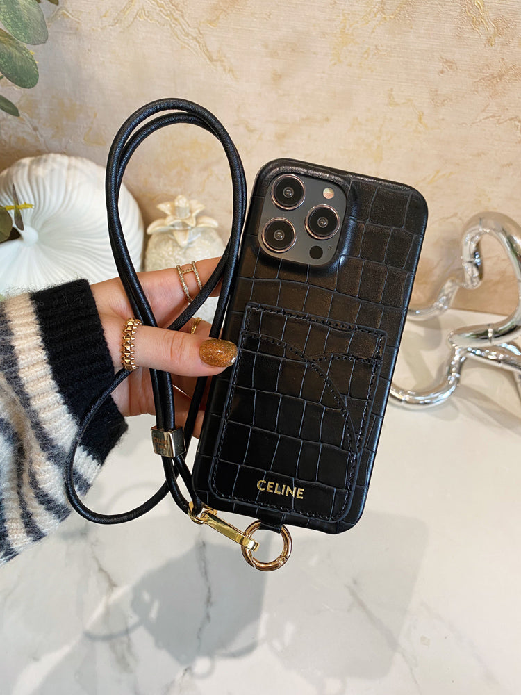 Alligator Print Celine iPhone Case With Card Holder And Strap Blcak -EYP241415