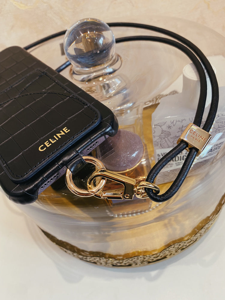 Alligator Print Celine iPhone Case With Card Holder And Strap Blcak -EYP241415