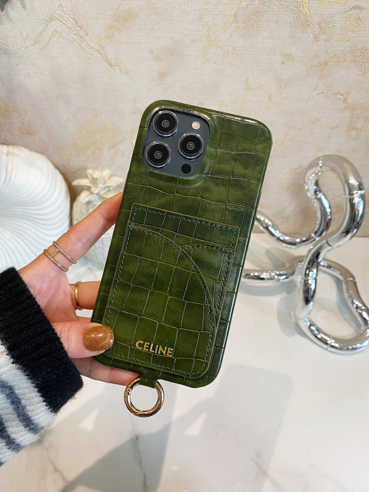 Alligator Print Celine iPhone Case With Card Holder And Strap Green -EYP241415