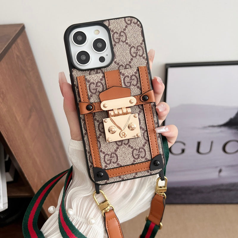 GG iPhone Case With Wallet And Strap Brown -TDK240330