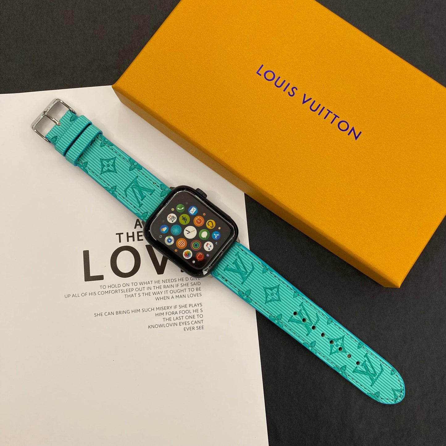 Luxury Monogram Apple Watch Band Leather Sky Blue-SW24422