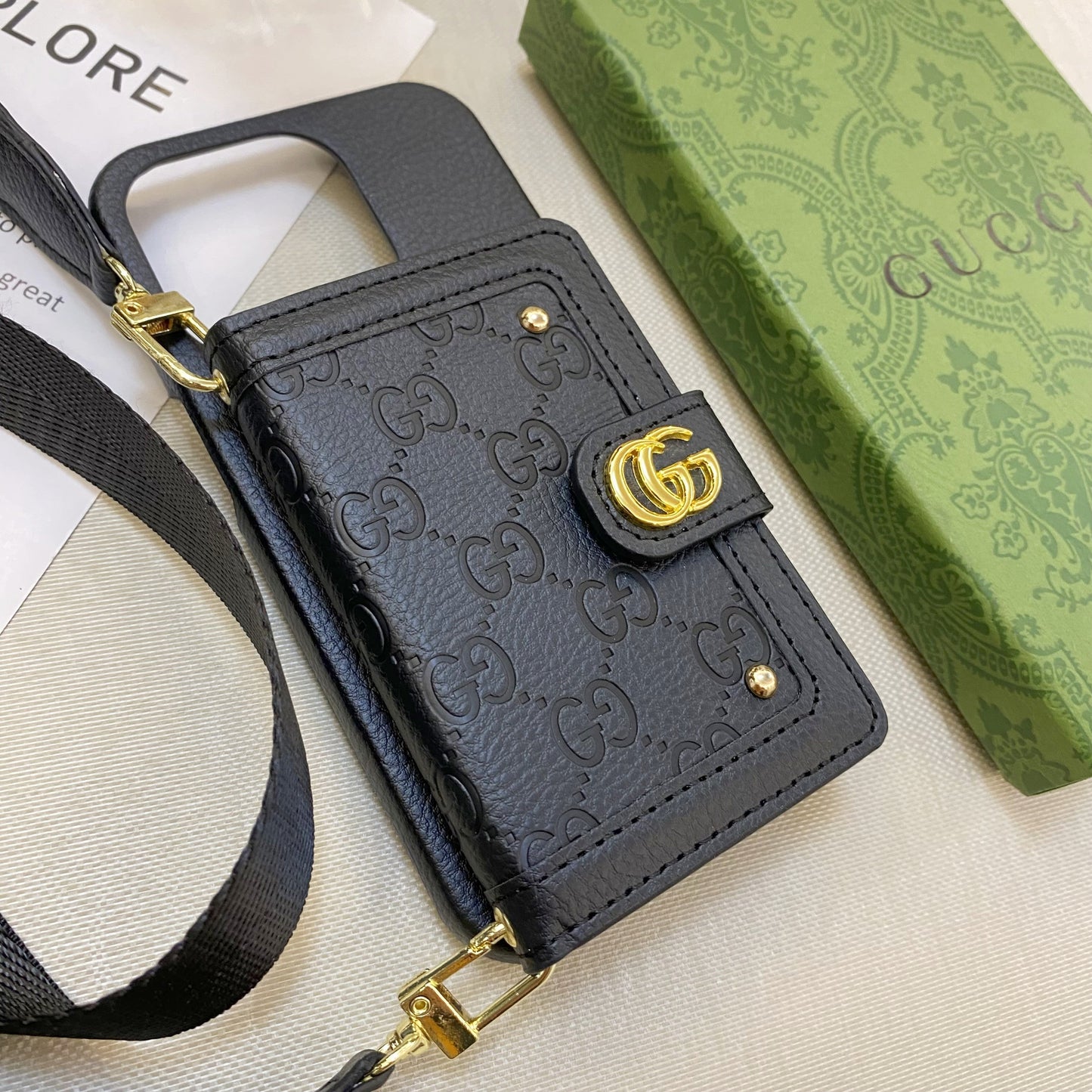 GG iPhone Case With Wallet And Strap Black -ZY241720