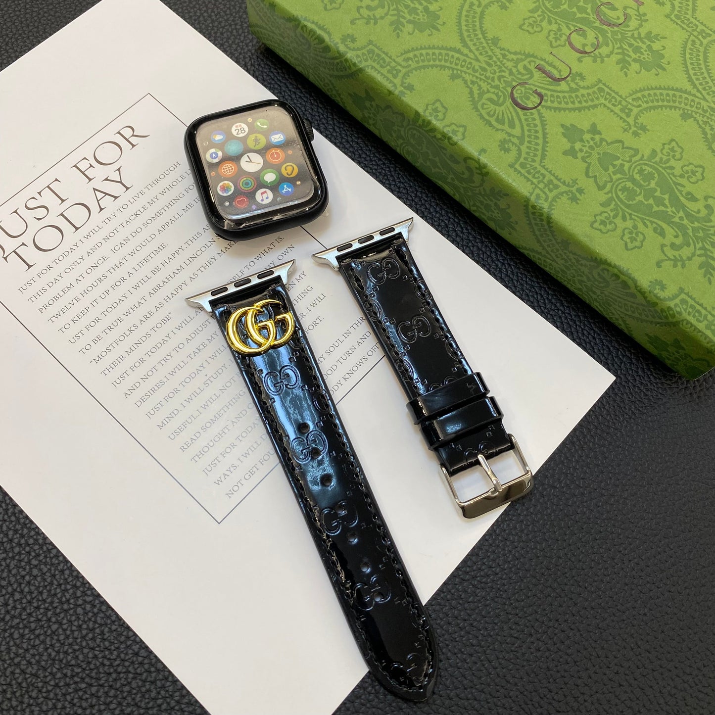 Leather GG Apple Watch Band Black-LGk240509