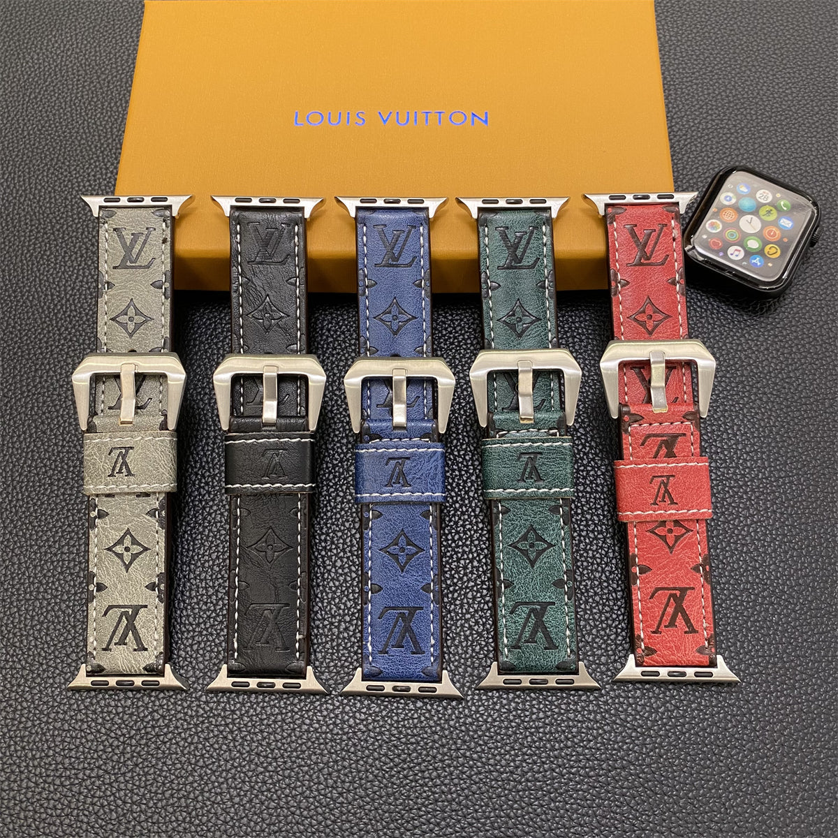 Leather Monogram Apple Watch Band Leather Blue-YH24422