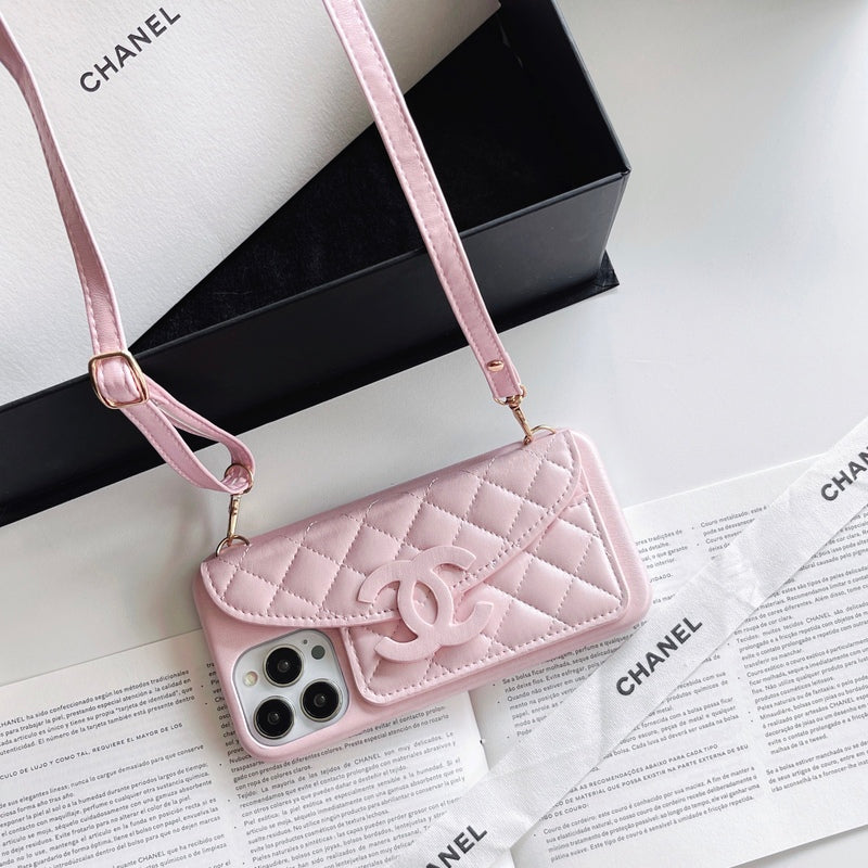 CC iPhone Case With Wallet And Chain Pink -XK240401