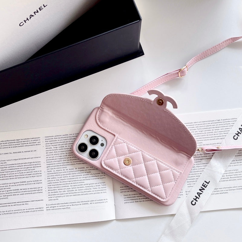 CC iPhone Case With Wallet And Chain Pink -XK240401