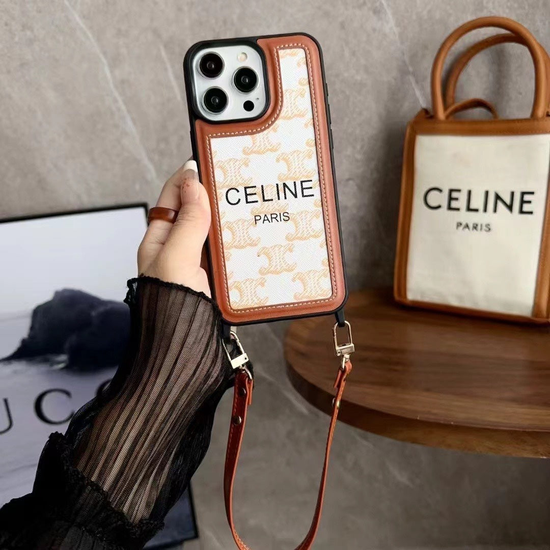 White Celine iPhone Case With Strap-SZ231124