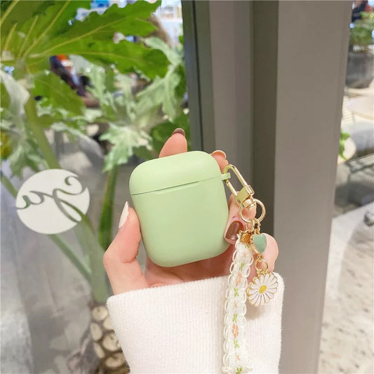 Matte Sage Green AirPod Case with Flower Keychain