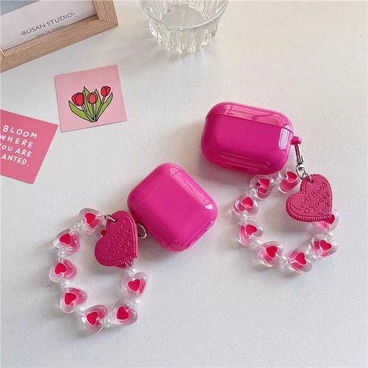 Neon Pink AirPod Case with Heart Keychain